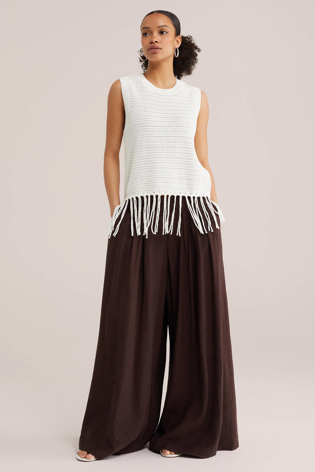 Witte dames WE Fashion top gebreid met effen, ronde hals en franjes