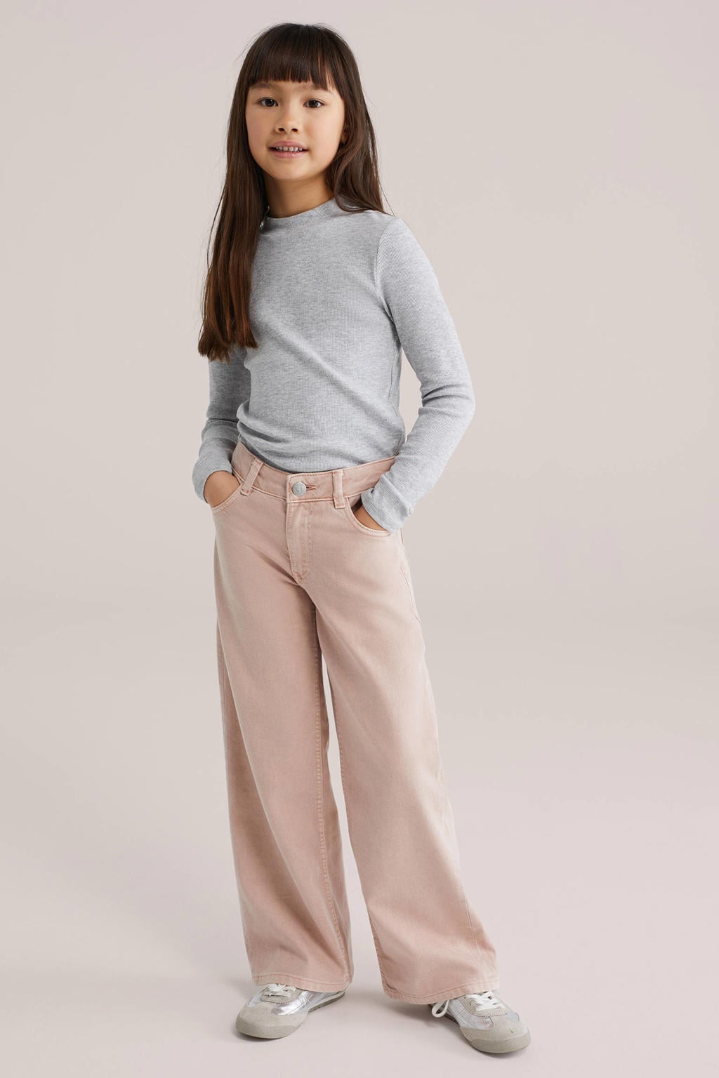 Roze meisjes WE Fashion Blue Ridge low waist wide leg jeans van denim met rits- en knoopsluiting en effen