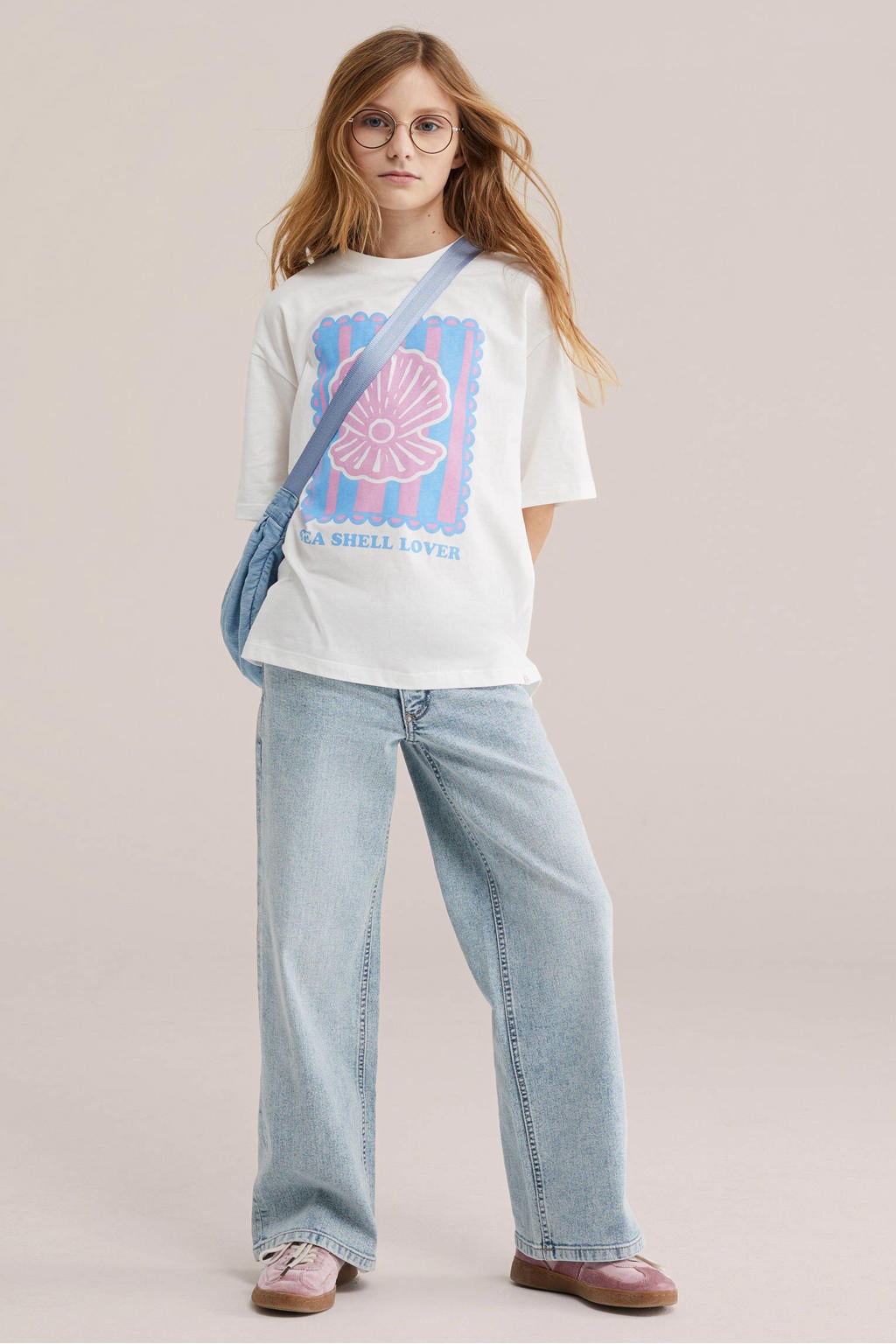 Light blue denim meisjes WE Fashion Blue Ridge wide leg jeans van denim met rits- en knoopsluiting en effen