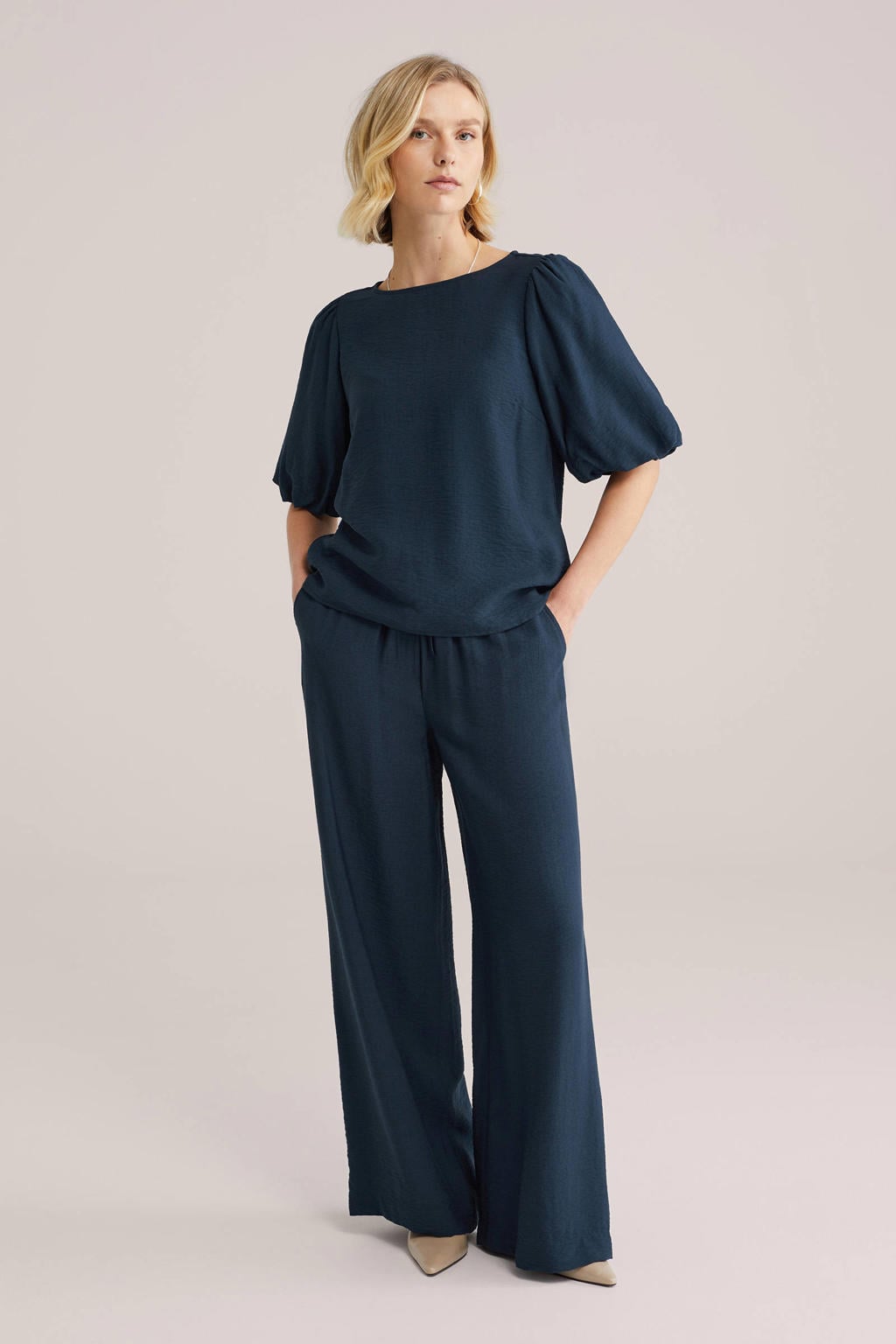 Marineblauw dames WE Fashion wide leg high waist casual broek blauw van viscose met elastische tailleband met koord en effen