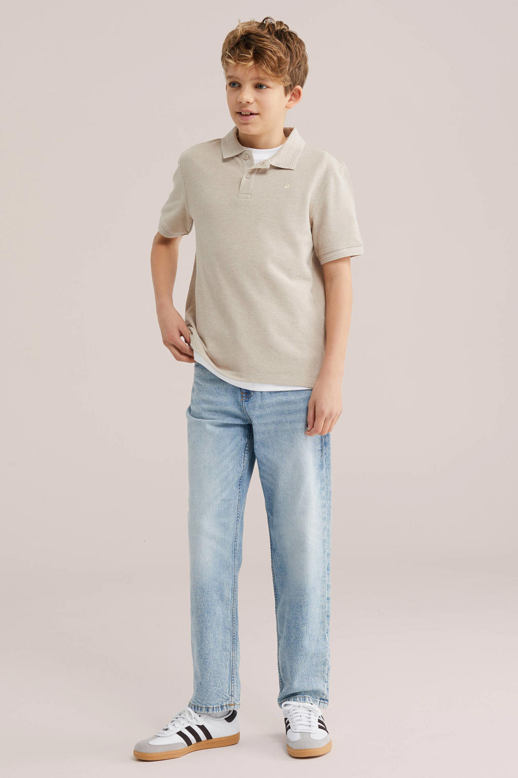 Beige jongens WE Fashion polo van katoen met effen, korte mouwen en knoopsluiting