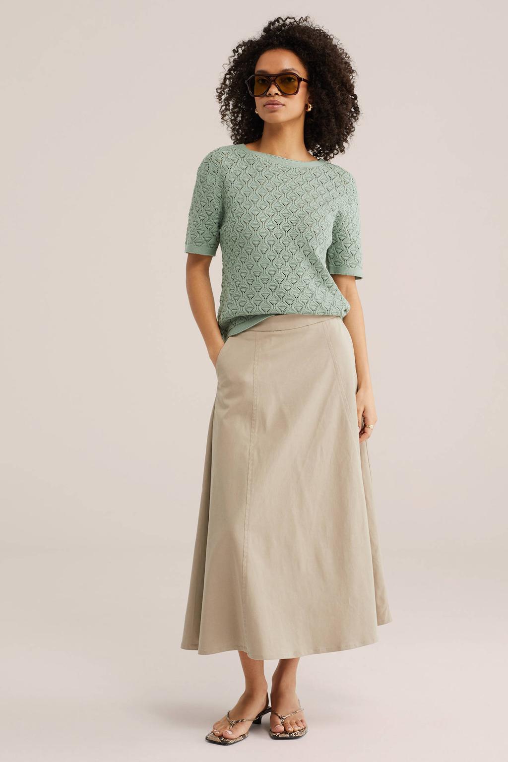 Groene dames WE Fashion top gebreid met effen, korte mouwen, ronde hals en ajour details