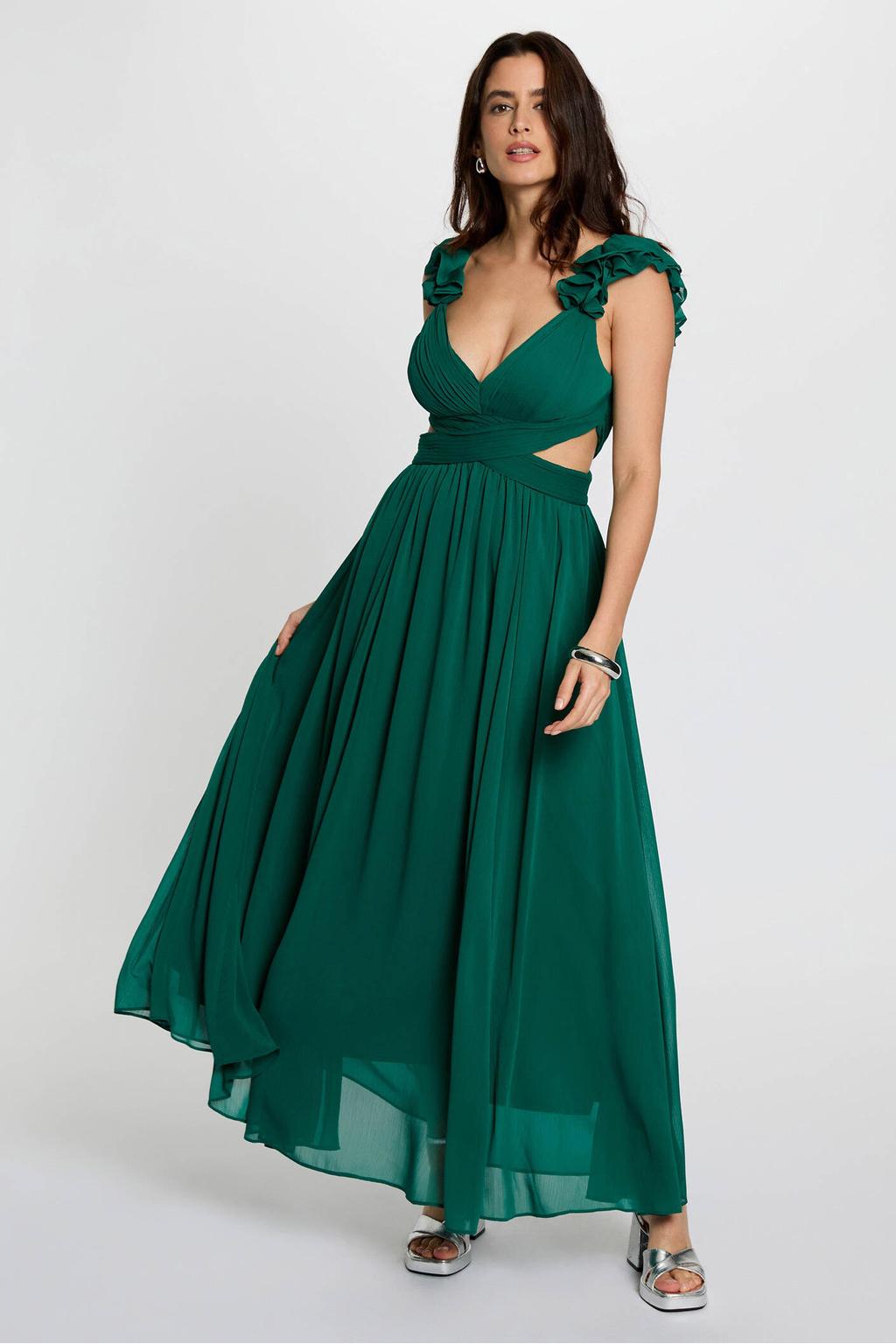 Donkergroene dames Morgan maxi jurk van polyester met effen, V-hals, ritssluiting en 3D applicatie