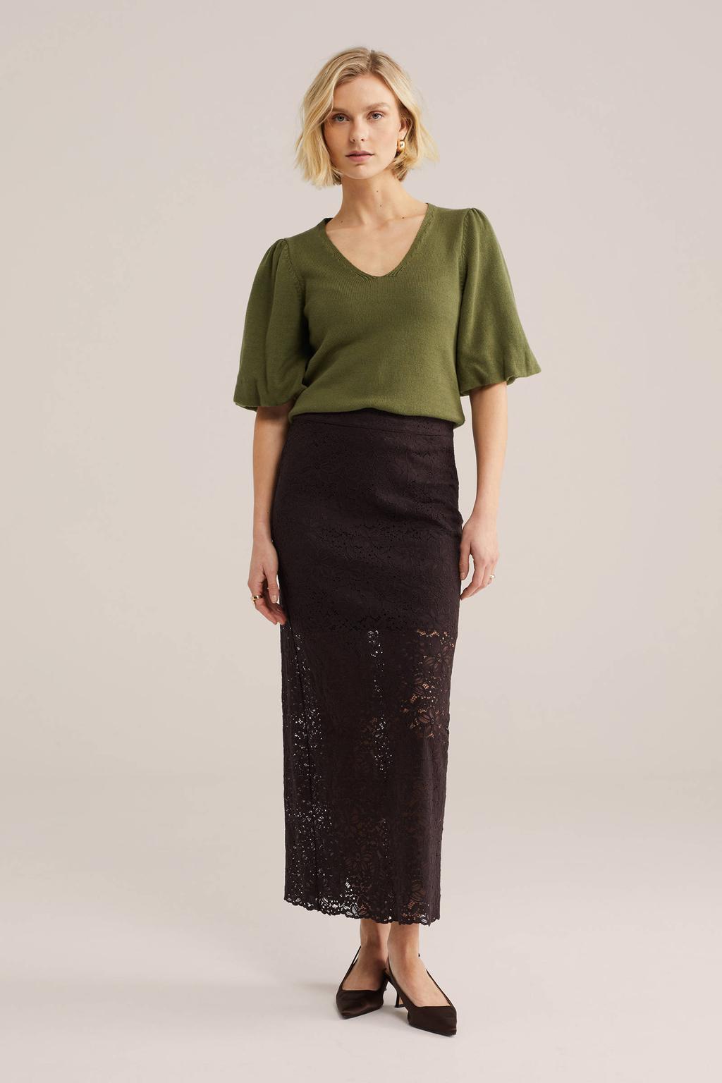 Olijfgroene dames WE Fashion top met effen, korte mouwen, ronde hals en geribde boorden
