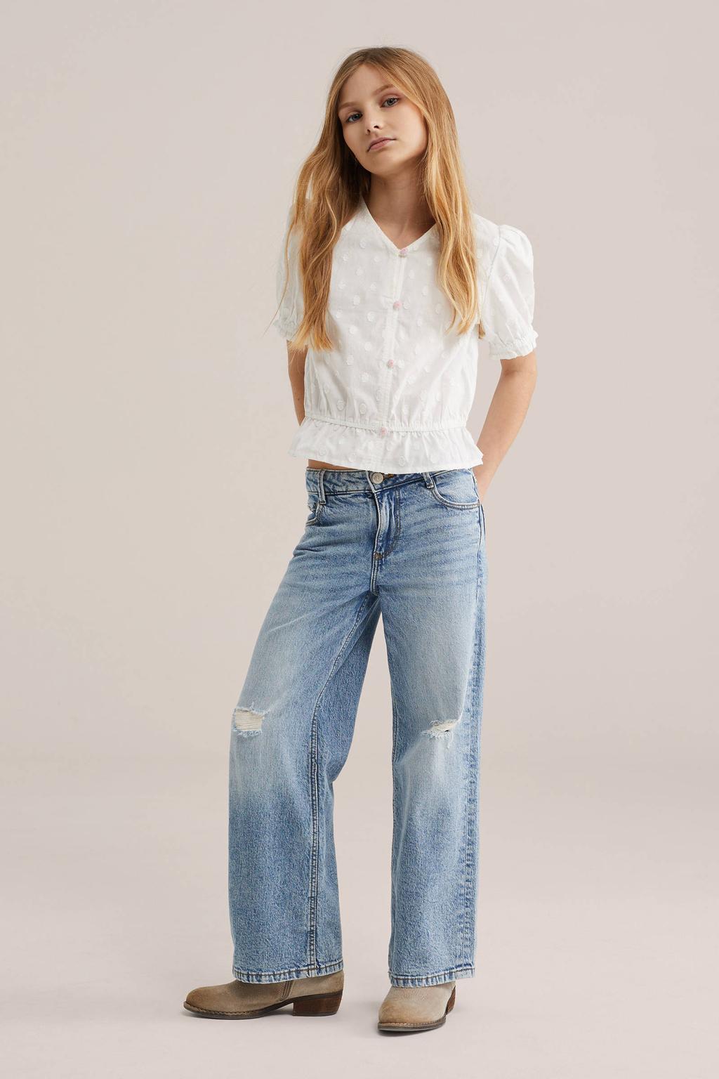 Witte meisjes WE Fashion blousetop van katoen met effen, korte mouwen, V-hals en borduursels
