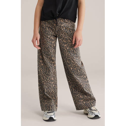 WE Fashion high waist wide leg jeans met panterprint bruin afbeelding