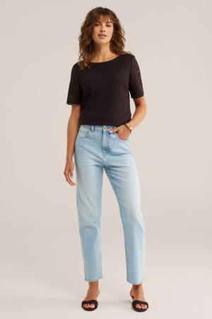 high waist tapered jeans light blue denim