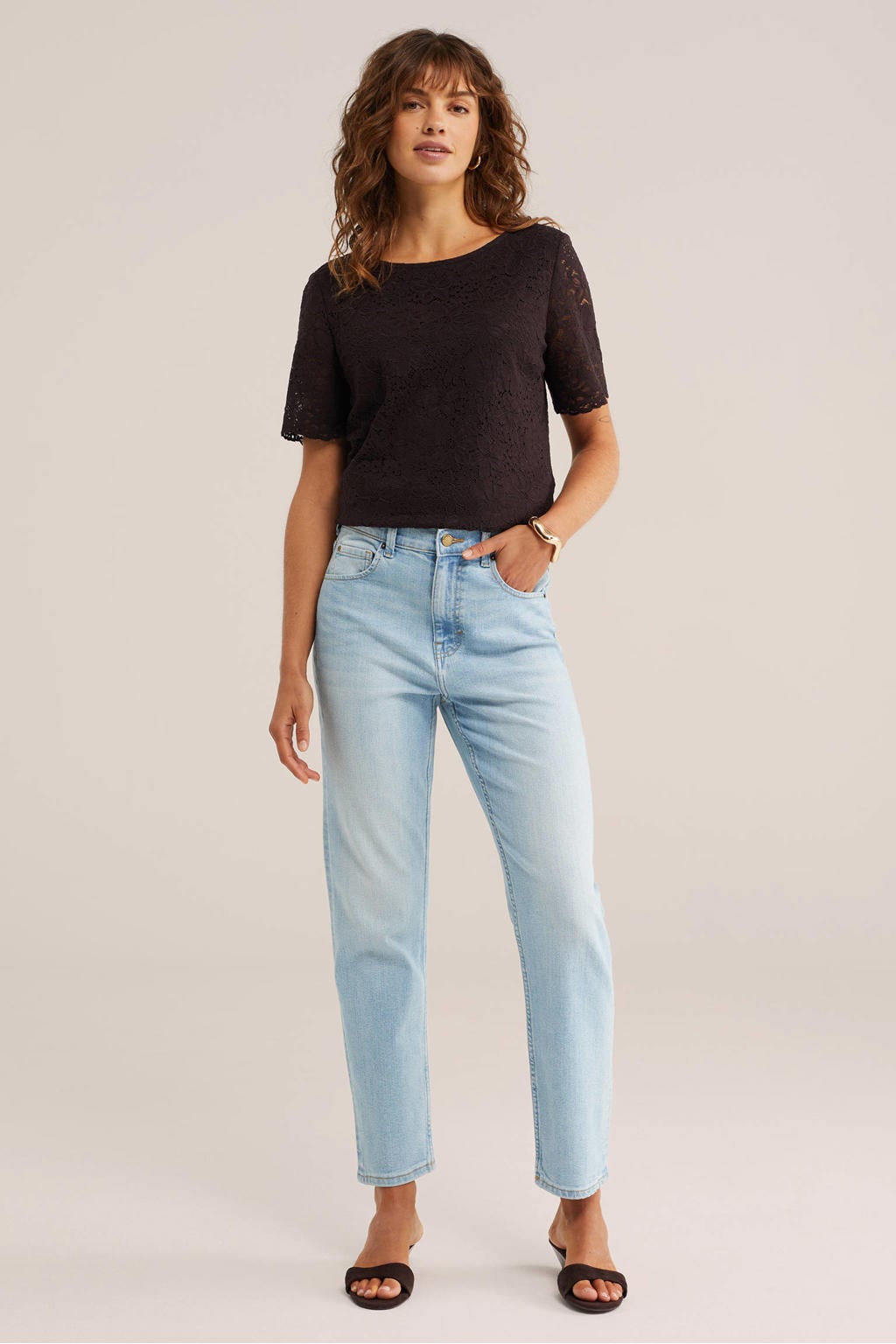 Light blue denim dames WE Fashion Blue Ridge high waist tapered jeans van denim met rits- en knoopsluiting en effen