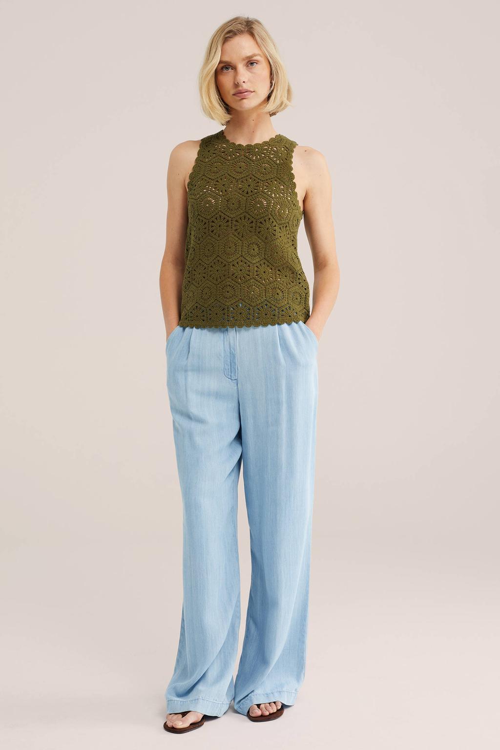 Groene dames WE Fashion top crochet met effen en ronde hals