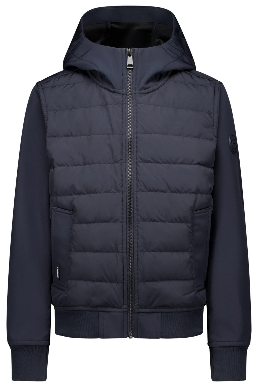 Donkerblauwe jongens Airforce softshell jas van polyester met effen, lange mouwen, capuchon en ritssluiting