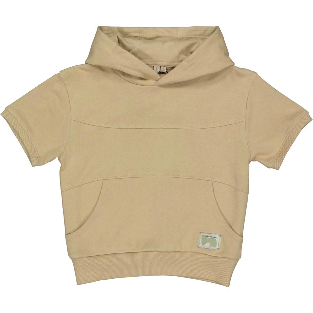 Zandkleurige jongens LEVV Little hoodie van sweat materiaal met effen, korte mouwen en capuchon