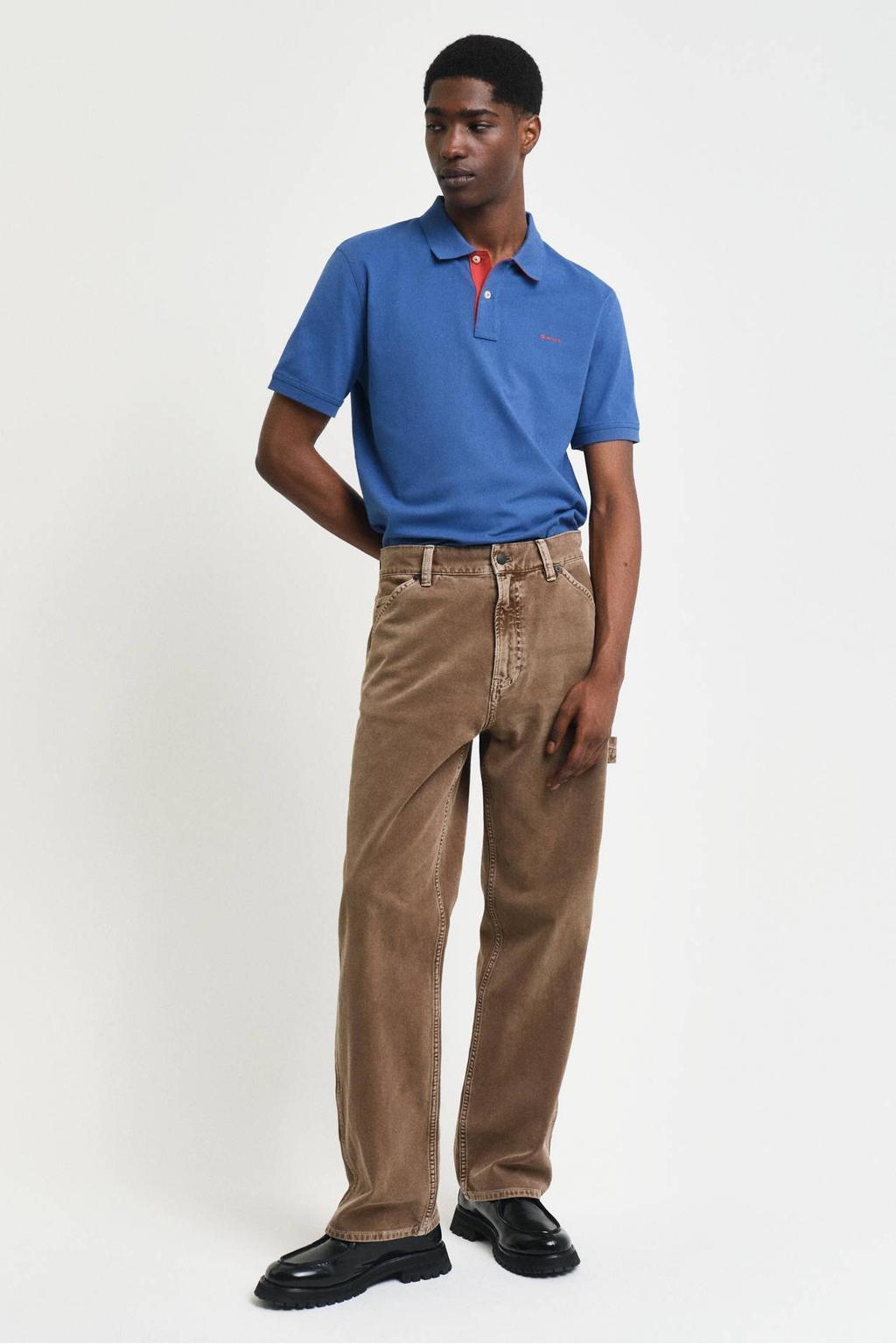 Blauwe heren GANT regular polo van katoen met effen, korte mouwen, knoopsluiting en pique