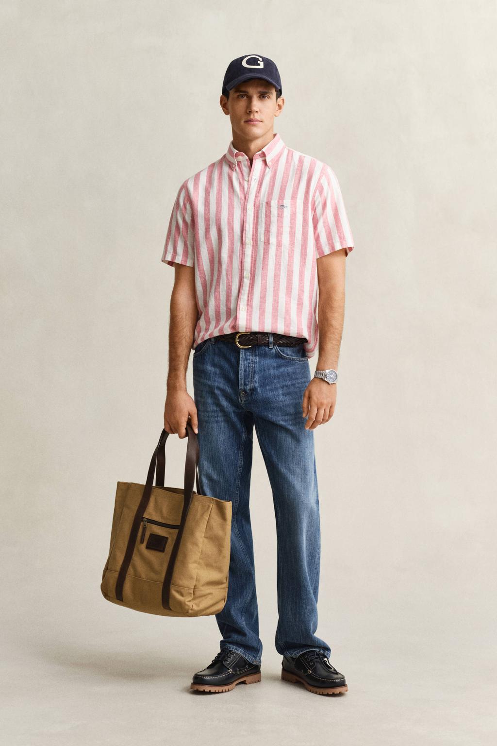 Roze heren GANT regular gestreept overhemd van linnen met korte mouwen, button down sluiting en knoopsluiting