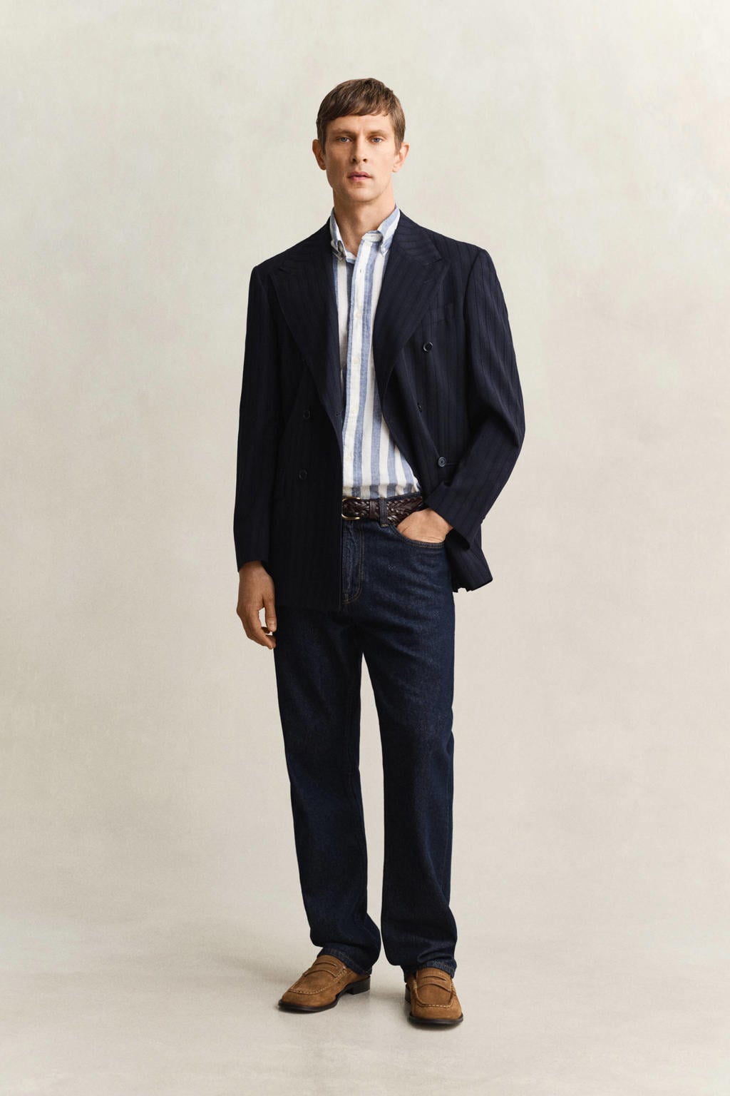 Blauwe heren GANT regular gestreept overhemd van linnen met korte mouwen, button down sluiting en knoopsluiting