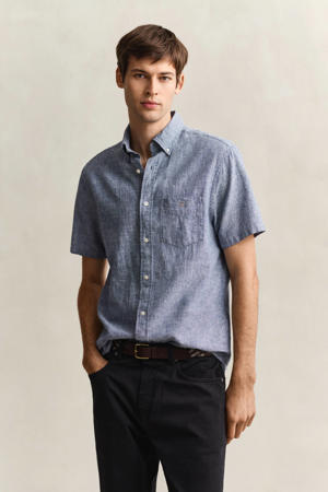 regular casual overhemd met linnen blauw