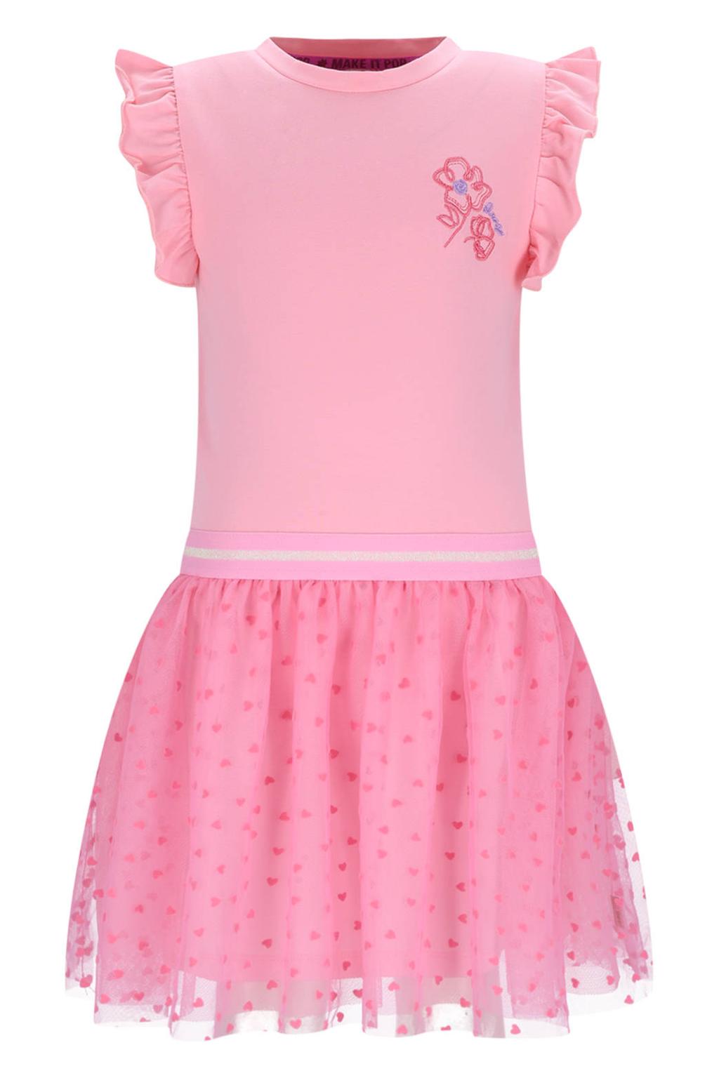 Roze en witte meisjes B.Nosy midi jurk van polyester met effen, ronde hals, elastische tailleband en ruches