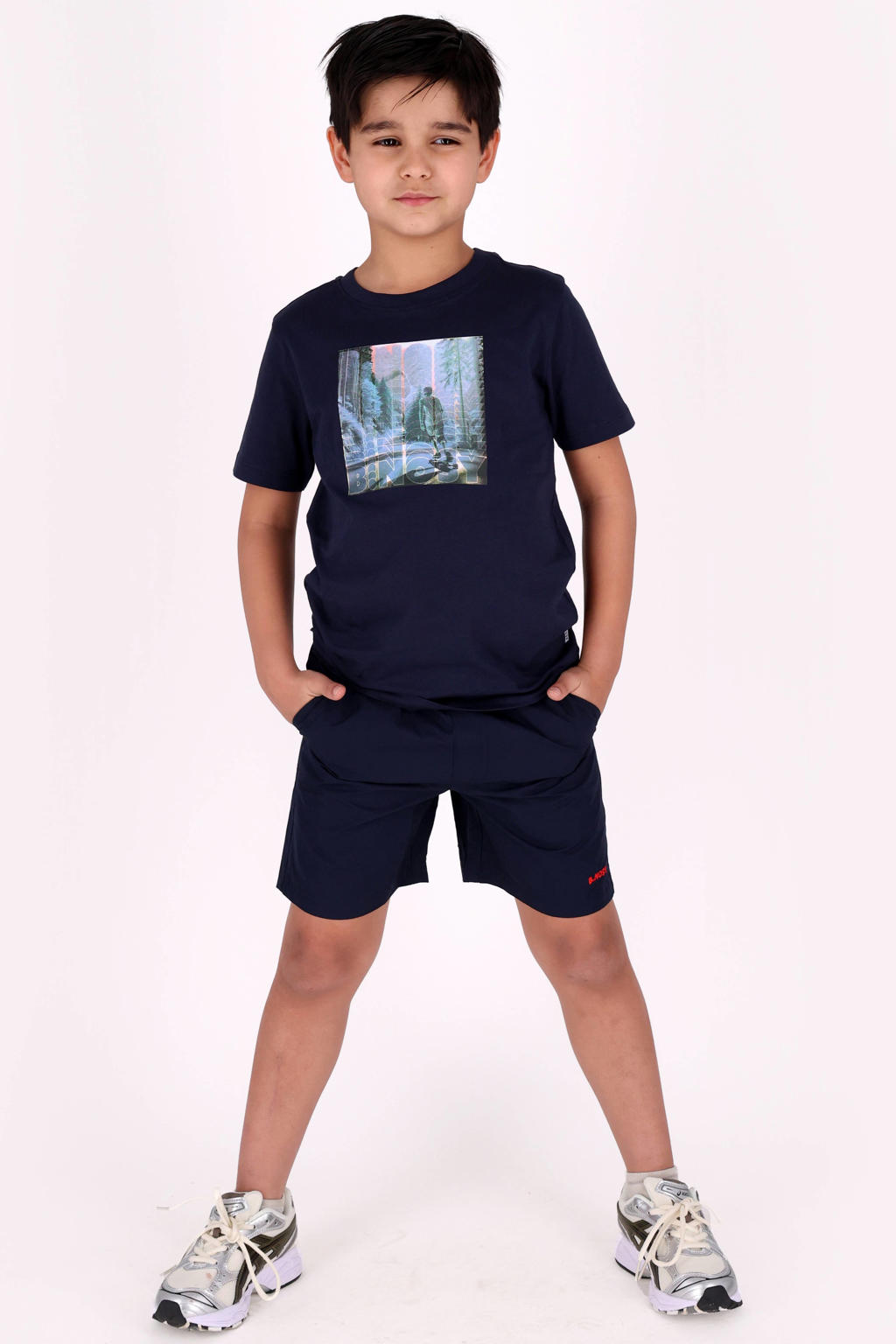 Donkerblauwe jongens B.Nosy T-shirt van katoen met printopdruk, korte mouwen en ronde hals