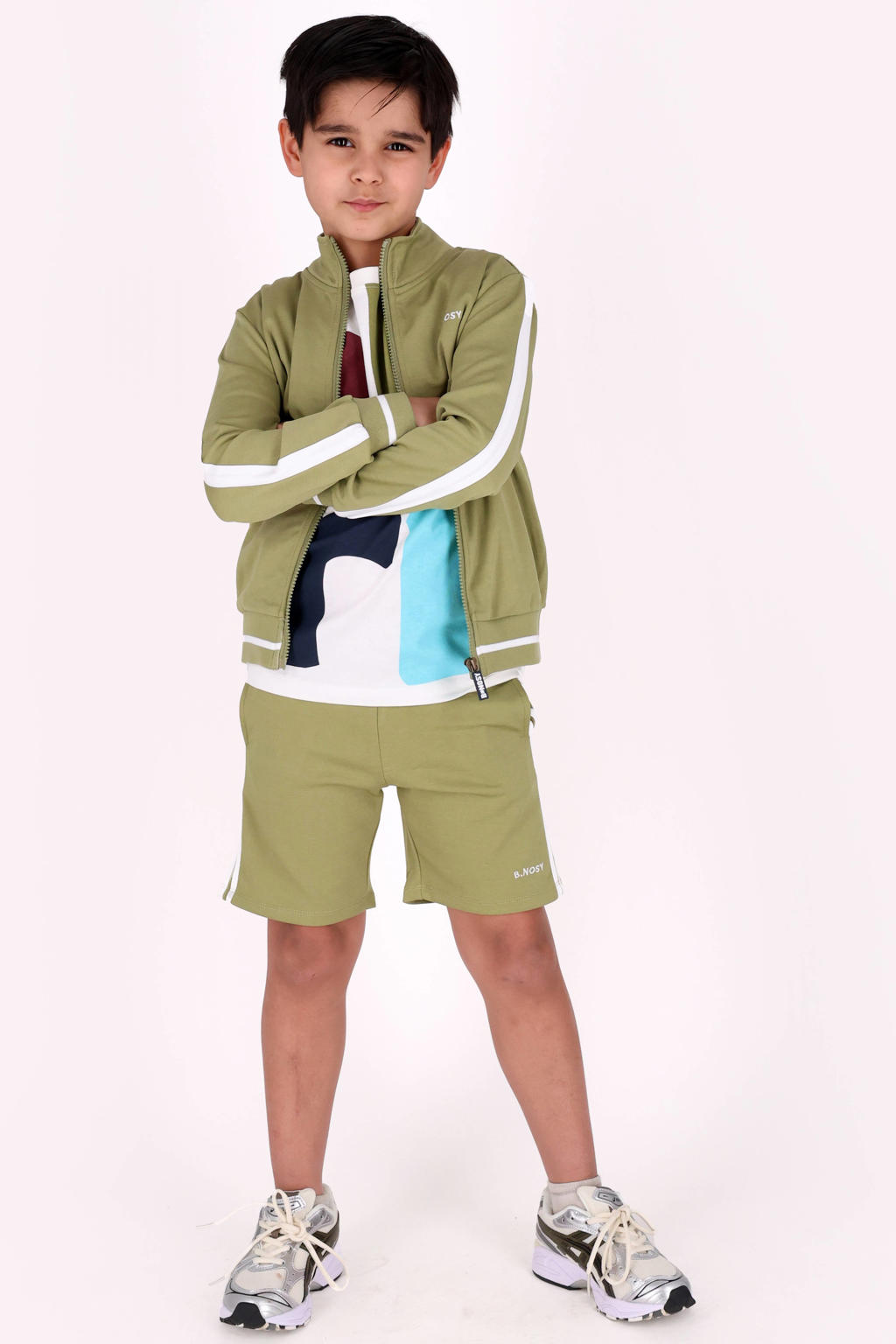 Groen en witte jongens B.Nosy sweatvest met effen, korte mouwen, opstaande kraag, ritssluiting en contrast bies