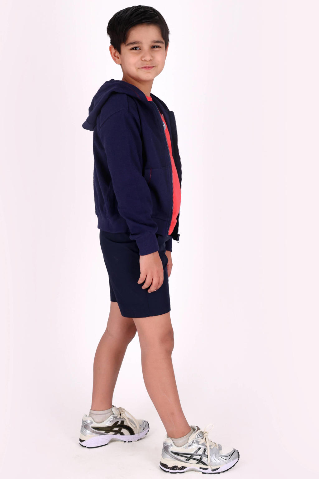 Donkerblauwe jongens B.Nosy sweatvest met effen, lange mouwen, capuchon, ritssluiting en geribde boorden
