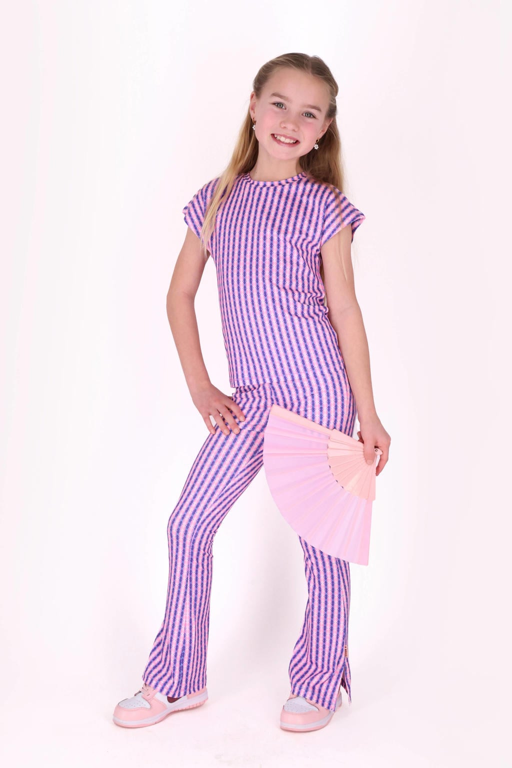 Roze en blauwe meisjes B.Nosy gestreepte T-shirt van polyester met korte mouwen, ronde hals en textuur