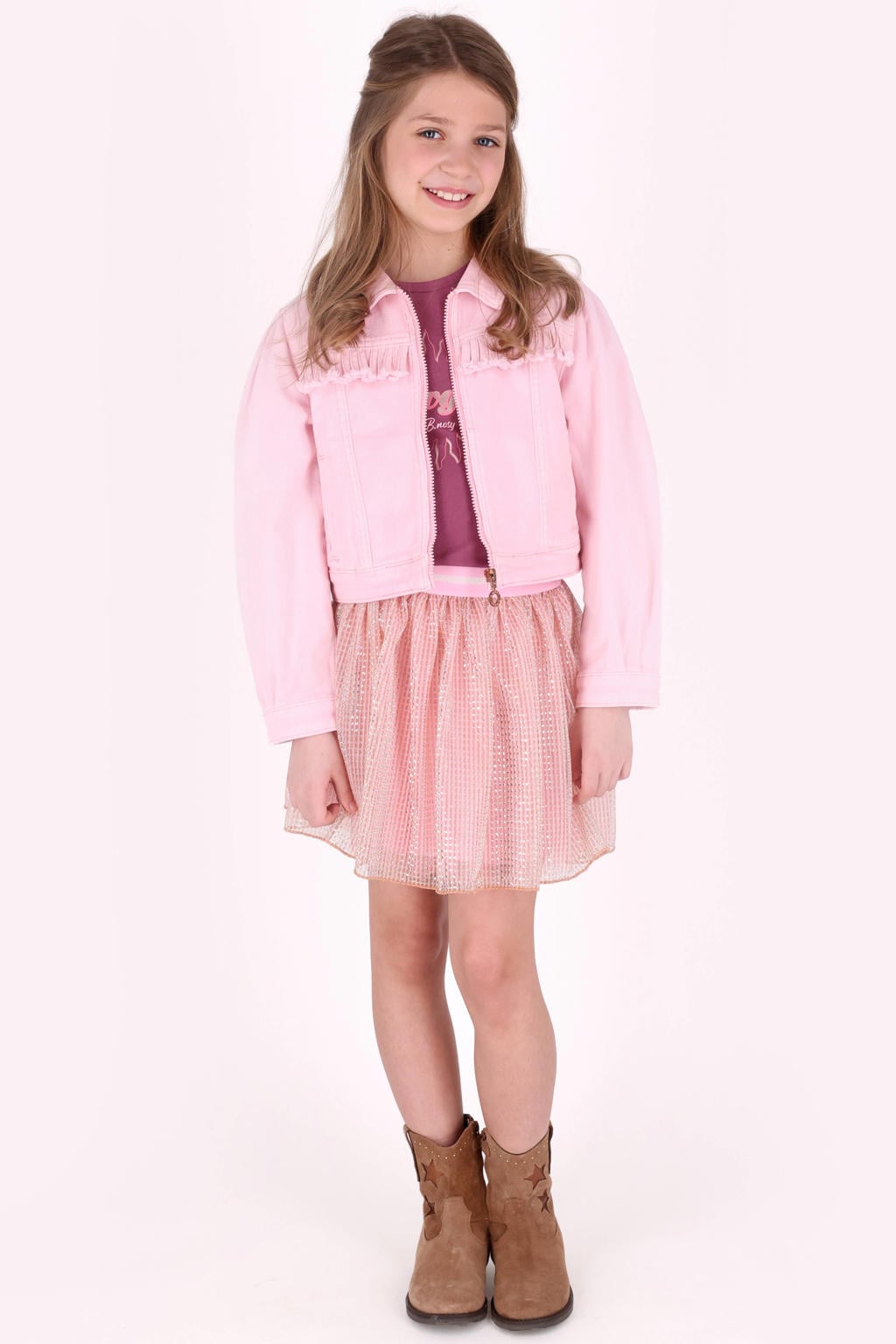 Roze meisjes B.Nosy spijkerjas van denim met effen, korte mouwen, klassieke kraag, ritssluiting en franjes