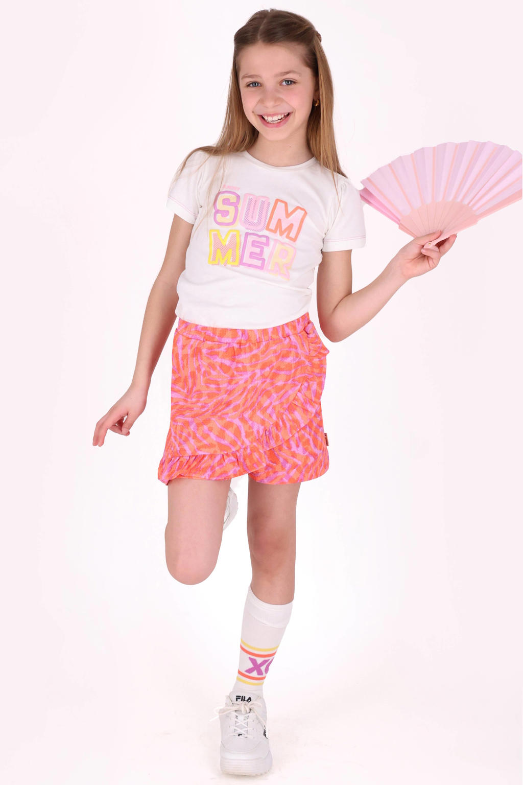 Witte meisjes B.Nosy T-shirt van stretchkatoen met printopdruk, korte mouwen en ronde hals