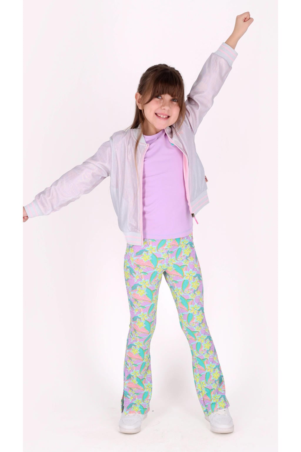 Lilakleurige meisjes B.Nosy bomberjack van polyester met effen, lange mouwen, ronde hals, ritssluiting en glimmend detail