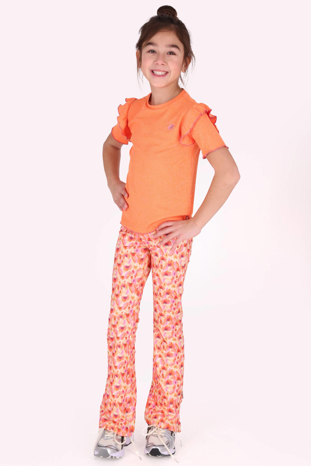 Oranje meisjes B.Nosy T-shirt van polyester met effen, korte mouwen, opstaande kraag en ruches