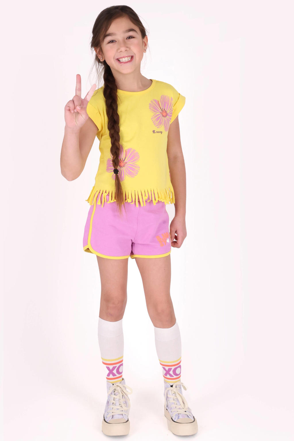 Gele meisjes B.Nosy T-shirt van stretchkatoen met printopdruk, korte mouwen, ronde hals en franjes
