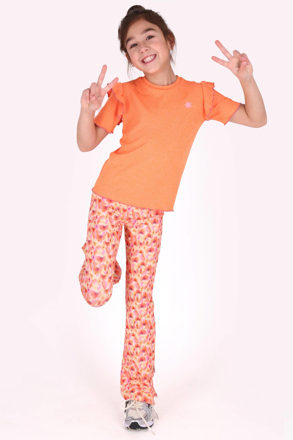 Oranje en roze meisjes B.Nosy regular waist gebloemde flared broek van polyester met elastische tailleband