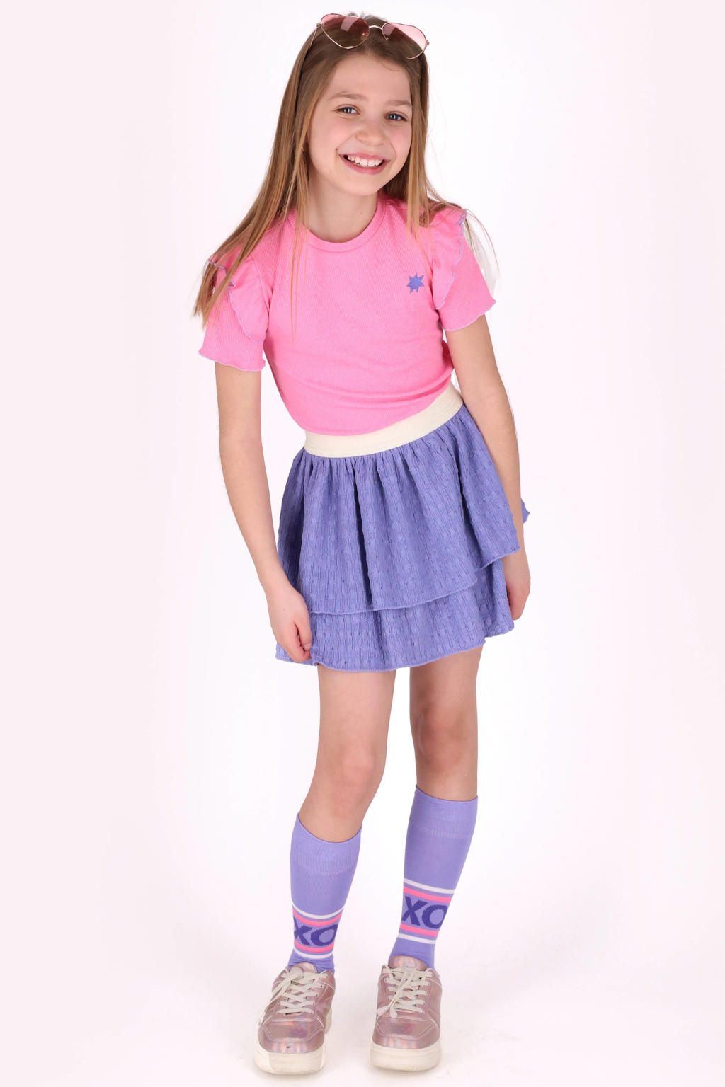 Roze meisjes B.Nosy T-shirt van polyester met effen, korte mouwen, ronde hals en ruches