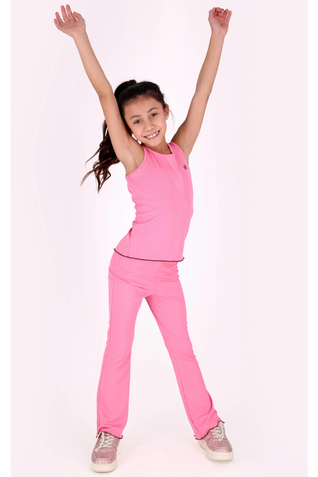 Roze meisjes B.Nosy flared broek van polyester met regular waist, elastische tailleband en effen
