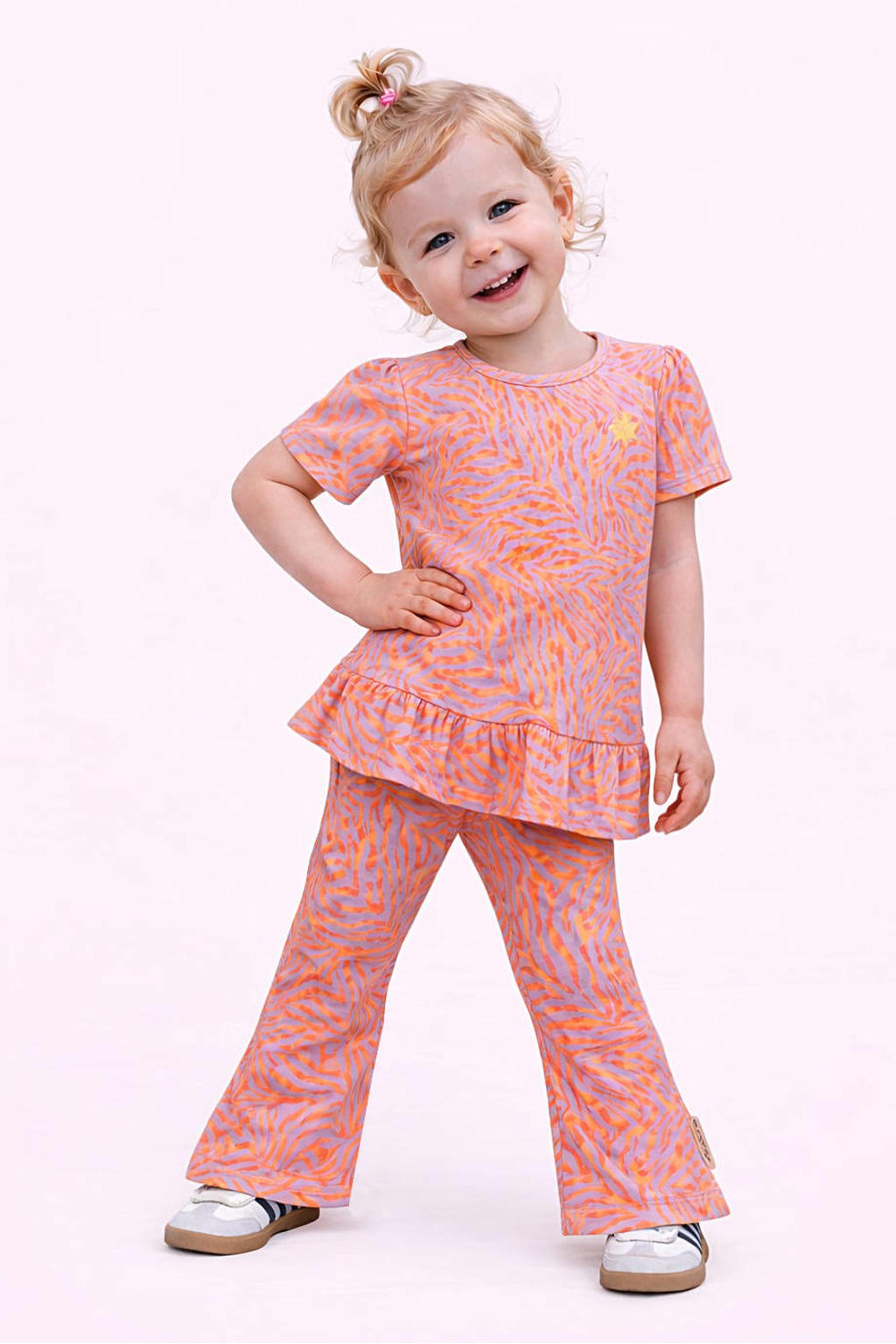 Roze en oranje meisjes B.Nosy blousetop van stretchkatoen met dierenprint, korte mouwen en volant