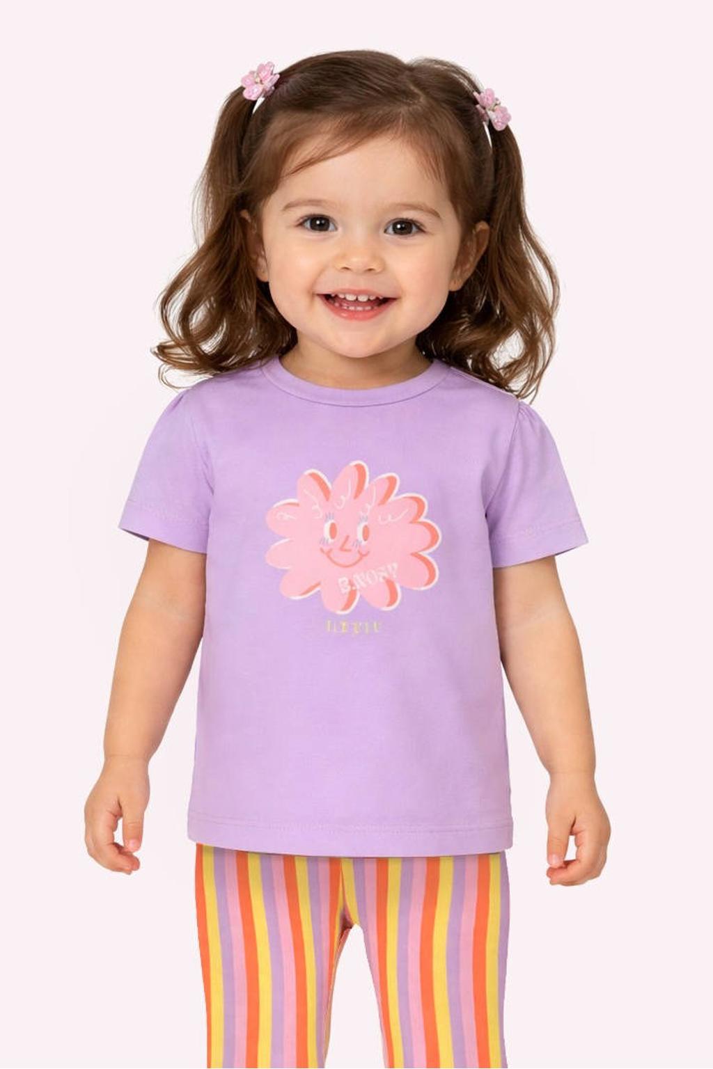 Lilakleurige meisjes B.Nosy T-shirt van stretchkatoen met printopdruk, korte mouwen, ronde hals en drukknoopsluiting