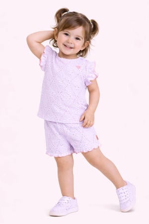 T-shirt + korte broek broderie lila
