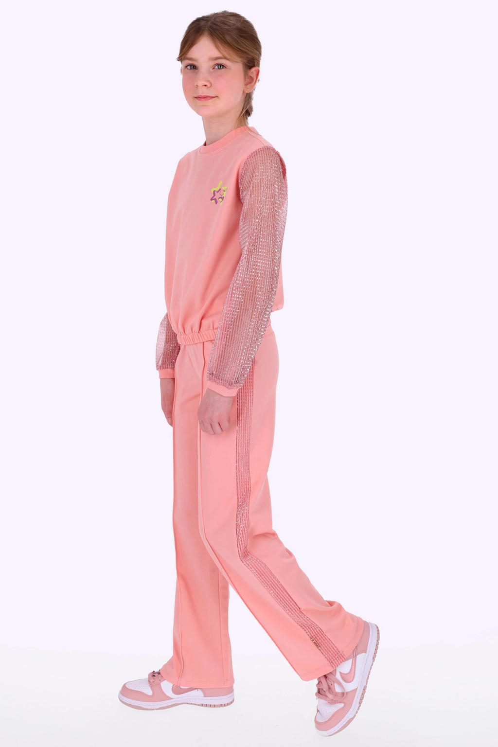Roze meisjes B.Nosy sweater van polyester met effen, lange mouwen, ronde hals en patches