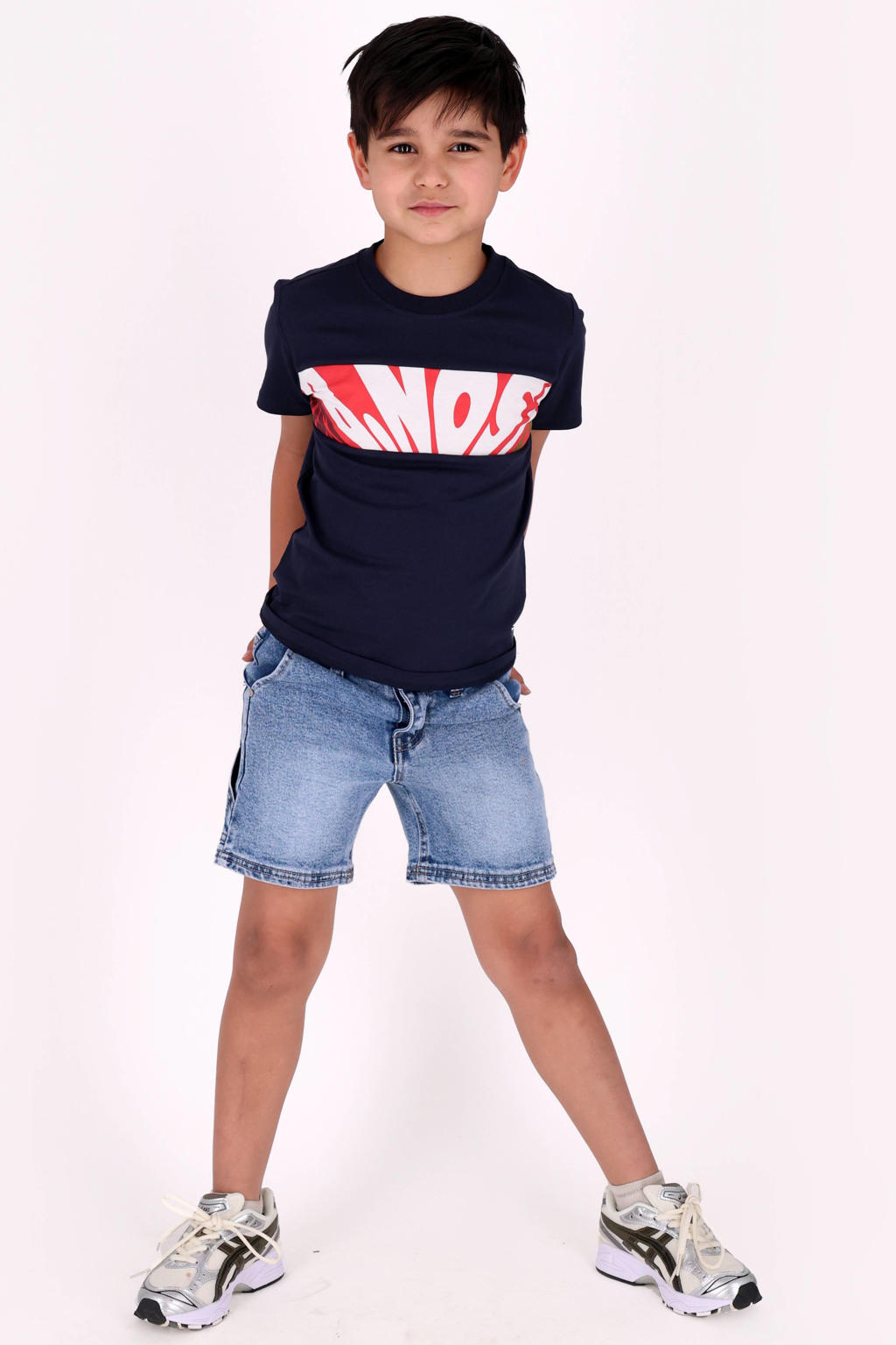 Donkerblauwe jongens B.Nosy T-shirt van katoen met printopdruk, korte mouwen en ronde hals