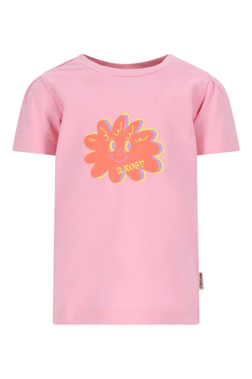 Roze meisjes B.Nosy T-shirt van stretchkatoen met printopdruk, korte mouwen, ronde hals en drukknoopsluiting