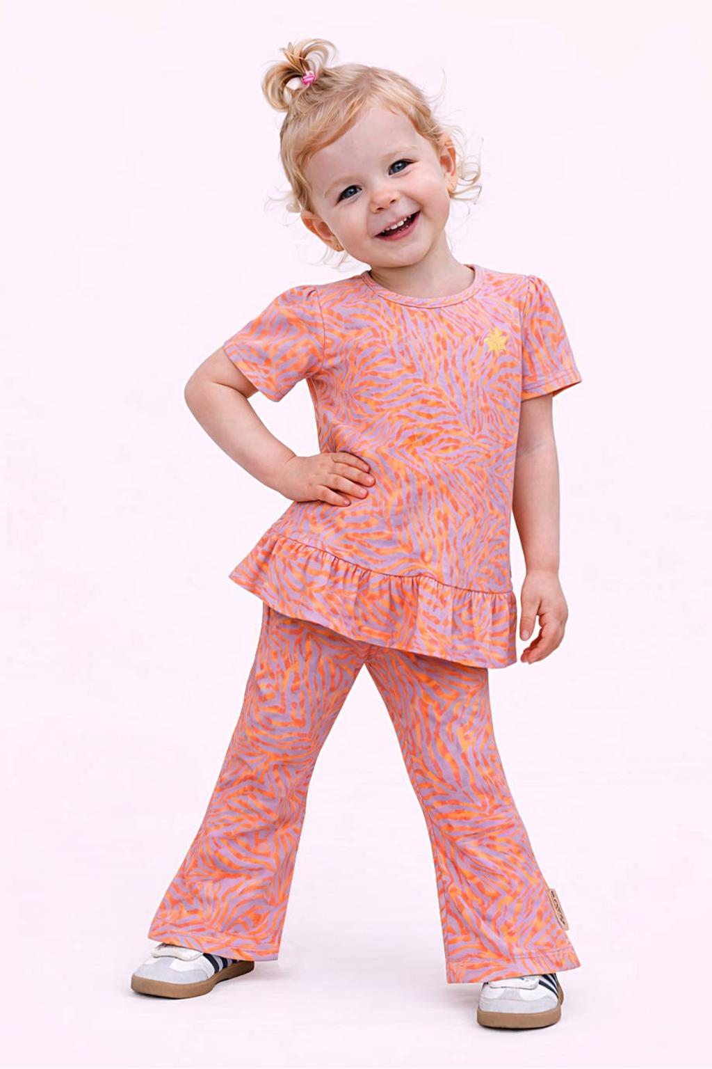 Roze en oranje meisjes B.Nosy regular waist flared broek van stretchkatoen met elastische tailleband en zebraprint