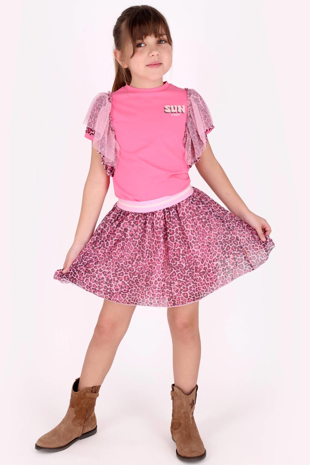 Roze en paarse meisjes B.Nosy midi rok plooirok met panterprint voorzien van