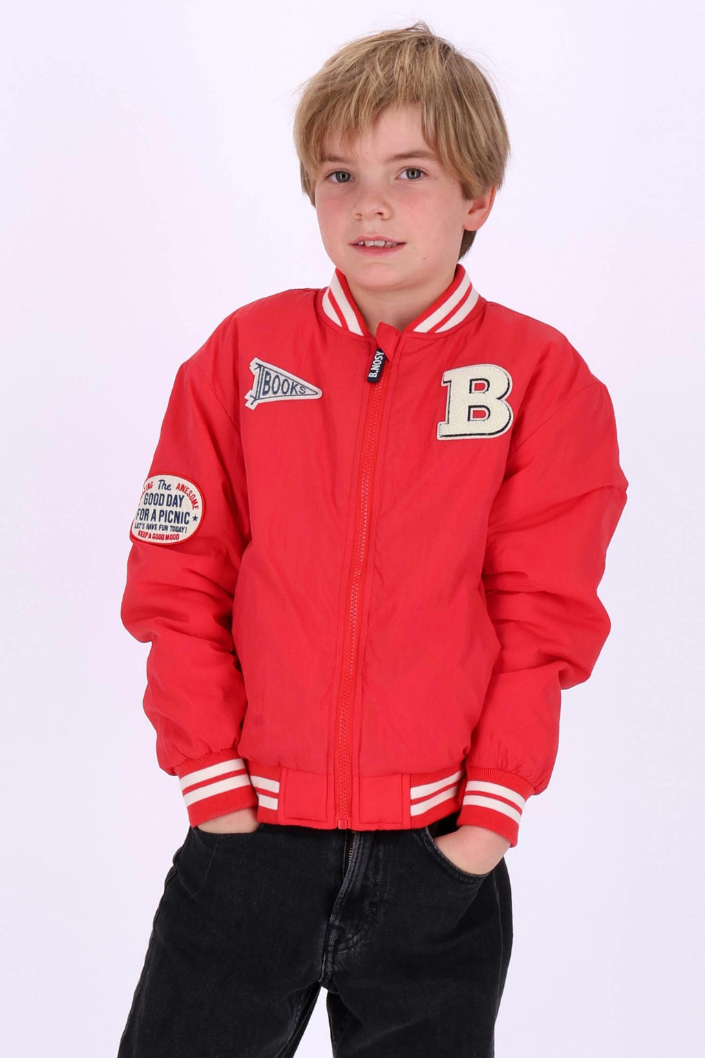 Rode jongens B.Nosy bomberjack van polyester met printopdruk, lange mouwen, ronde hals, ritssluiting en patches