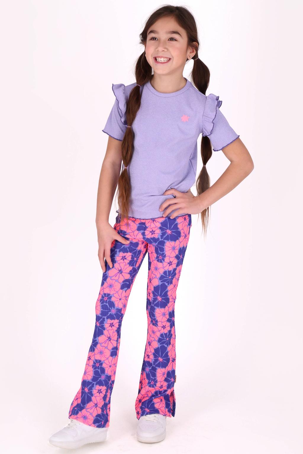 Lilakleurige meisjes B.Nosy T-shirt van polyester met effen, korte mouwen, ronde hals en ruches