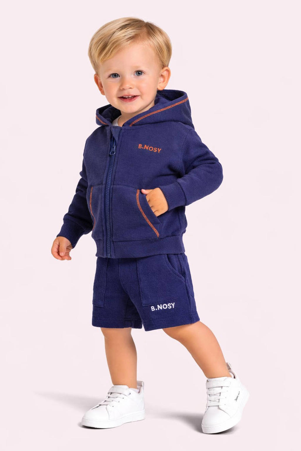 Donkerblauw en oranje jongens B.Nosy sweatvest met effen, lange mouwen, capuchon, ritssluiting en contrast stiksels