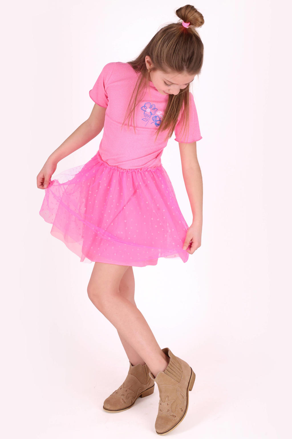 Roze meisjes B.Nosy midi jurk van mesh met korte mouwen en ronde hals