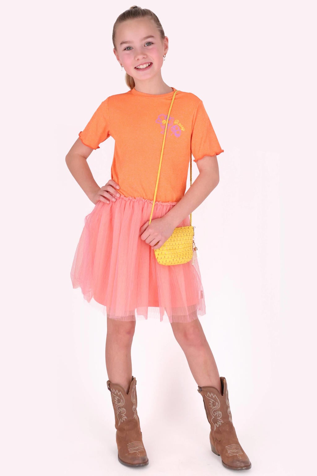 Oranje en roze meisjes B.Nosy mesh midi jurk met korte mouwen, ronde hals, elastische tailleband en tule