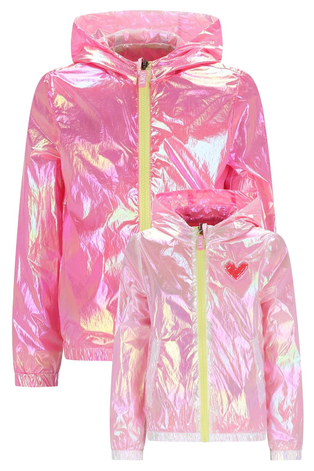 Roze en lichtroze meisjes B.Nosy reversible jas van polyamide met meerkleurige print, lange mouwen, capuchon en ritssluiting