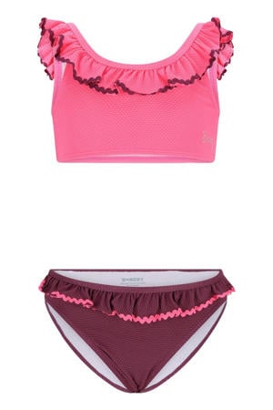 bikini met ruches roze/donkerrood