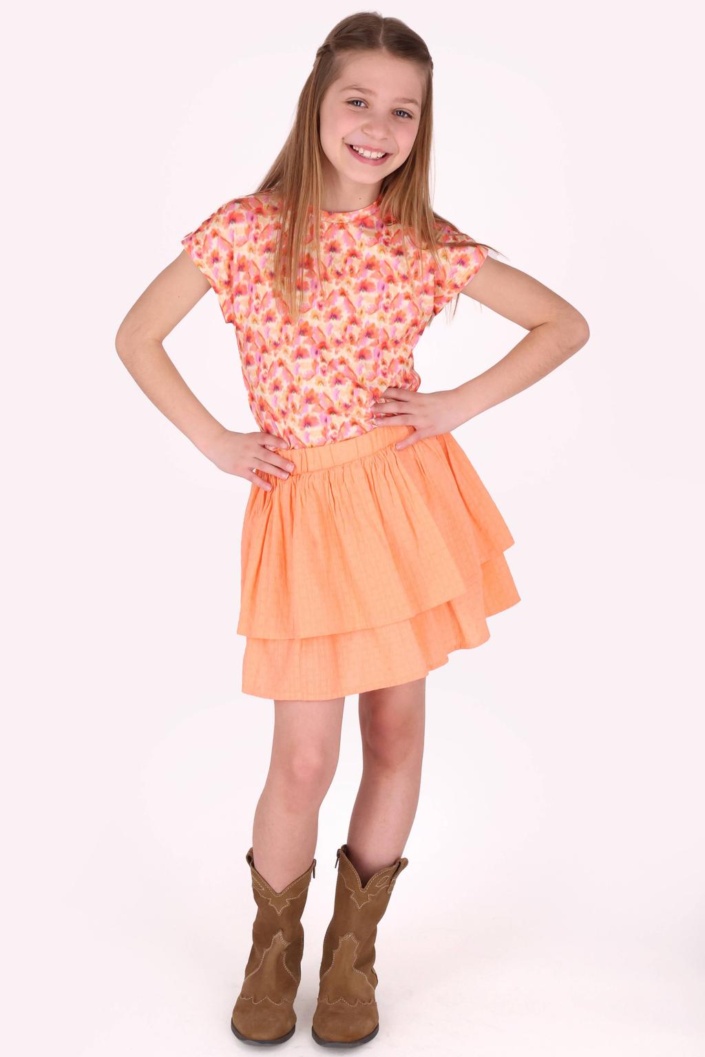 Oranje, geel en roze meisjes B.Nosy gebloemde blousetop van polyester met korte mouwen en ronde hals