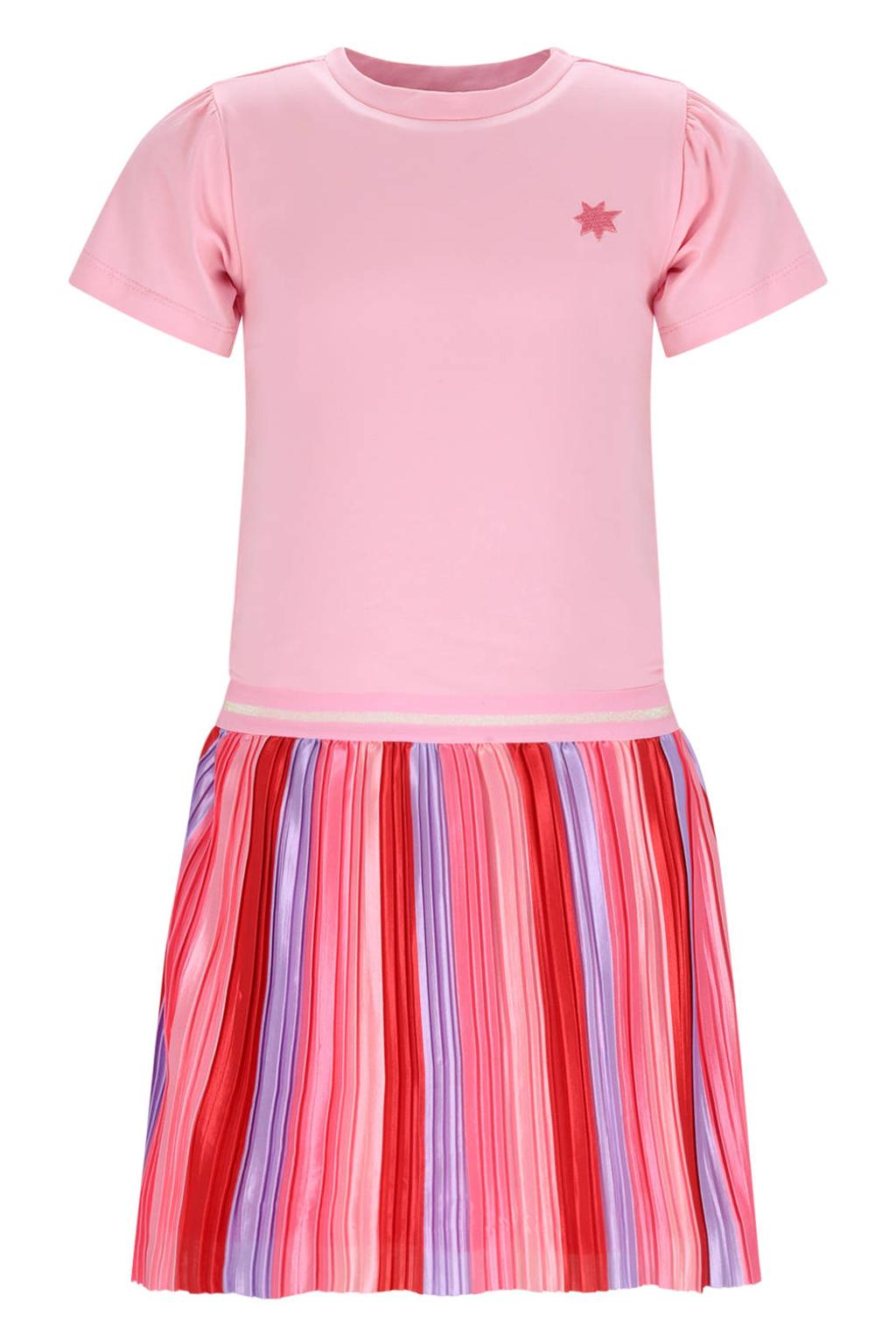 Roze, rood en lilakleurige meisjes B.Nosy gestreepte midi jurk van stretchkatoen met backprint, korte mouwen en ronde hals