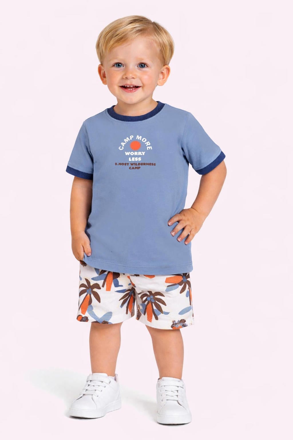 Blauw en donkerblauwe jongens B.Nosy T-shirt van katoen met printopdruk, korte mouwen en drukknoopsluiting